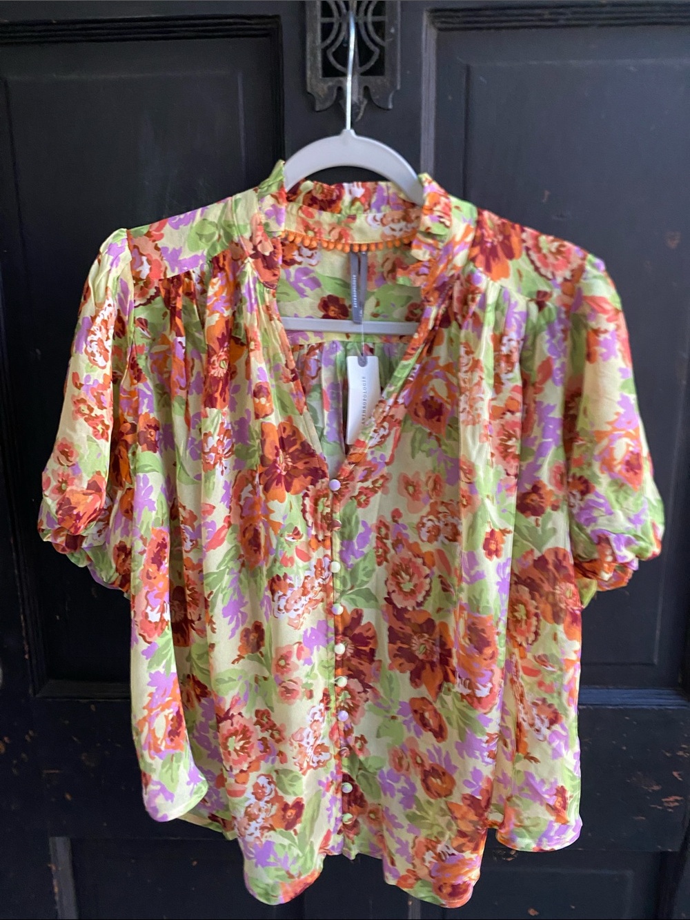 Anthropologie Floral Button-Front Blouse in Lime, Orange and Pink